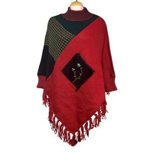 Red and Black Colour block Knit Women's Poncho - Size Medium/Large